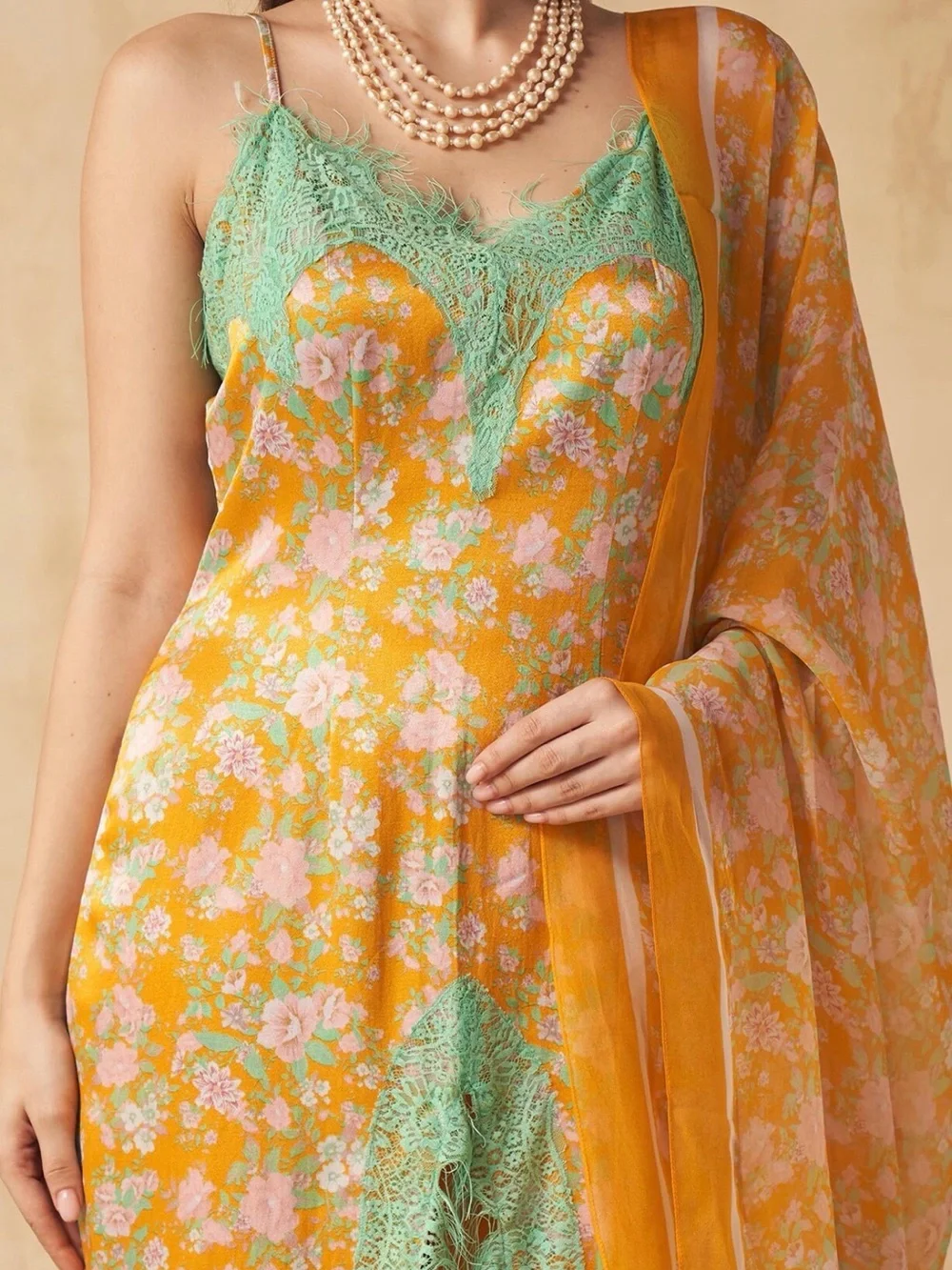 Satin Yellow Floral Lace-Trim Kurta with Mint Accents, Wide-Leg Sharara Set